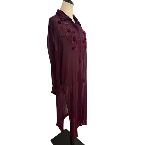 Vtg 90s Fashion Bug Sheer Purple Duster Embroidered Velvet Collar Sz L Boho - Picture 4 of 8